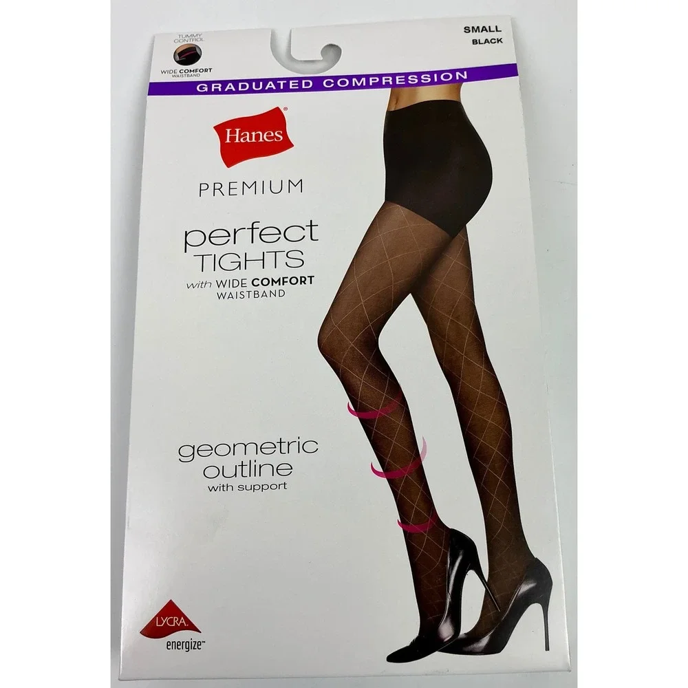 2 Hanes Premium Perfect Tights Small Black‎ Geometric Outline Graduated Support